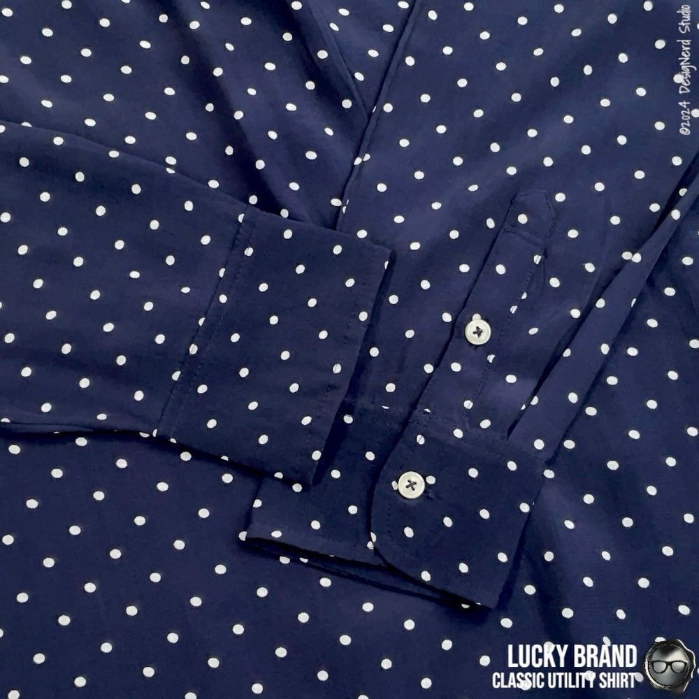 LUCKY BRAND CLASSIC UTILITY BUTTON DOWN SHIRT IN NAVY WHITE DOTS WOMEN’S SIZE M - Picture 7 of 14